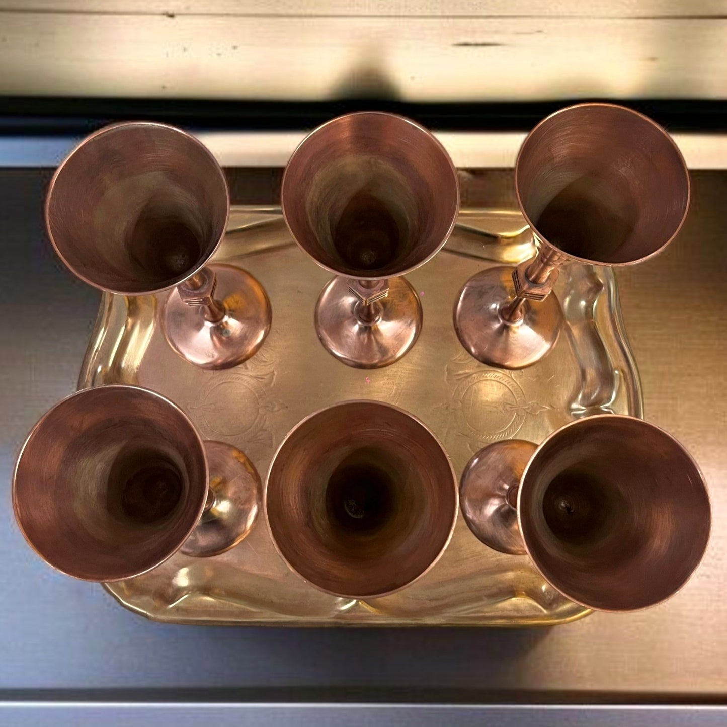 Antique Brass Refreshments Set | Tall Pital Glasses with Serving Tray