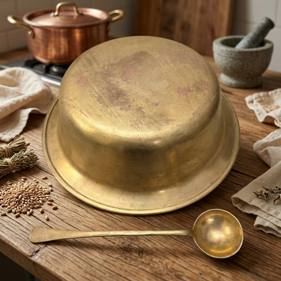 Antique Peetal Large Serving Paraat with Matching Ladle | Pure Brass Kitchen & Display Bowl | Made in 1980