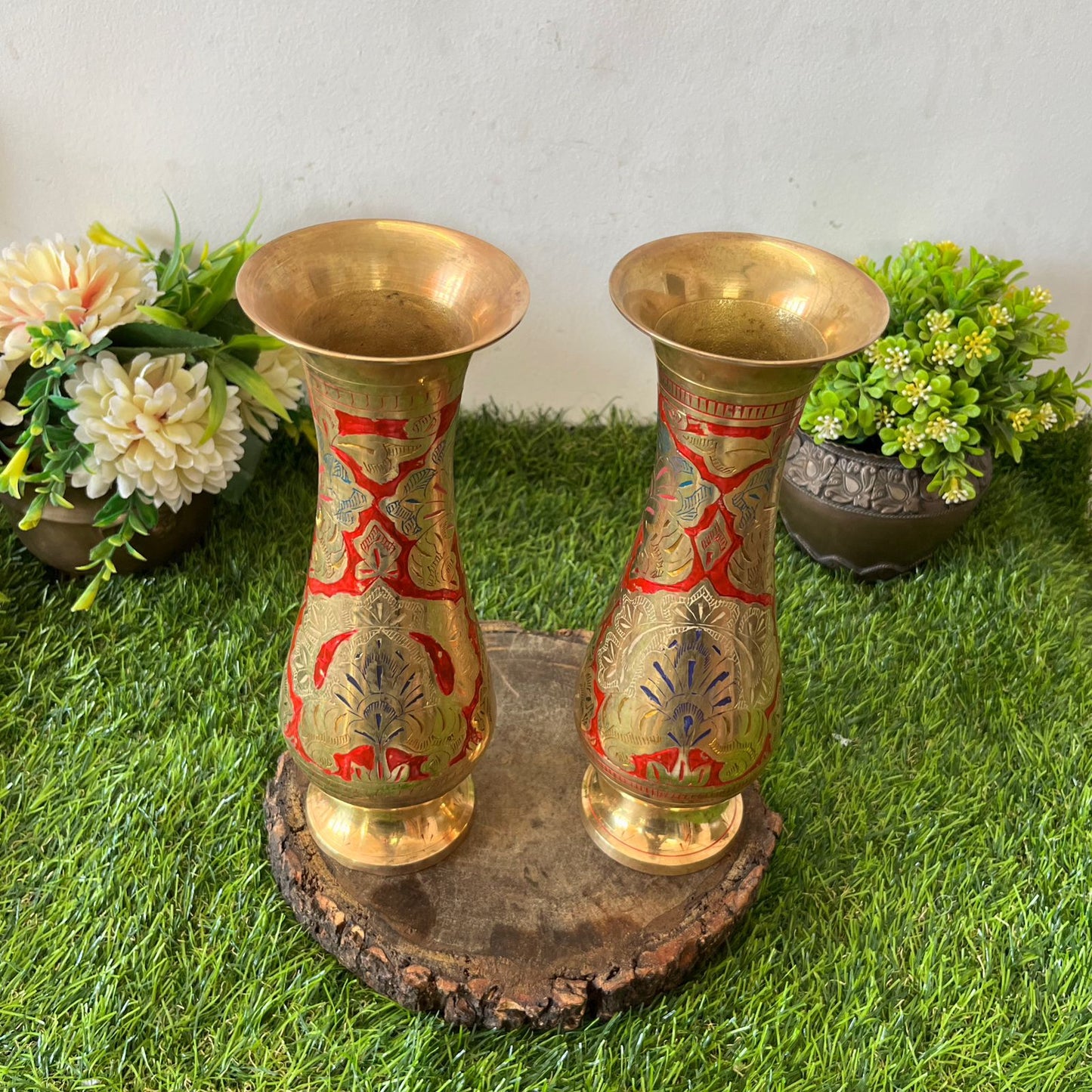 Brass Engraved Vase Pair -Antique Brass Phooladaan