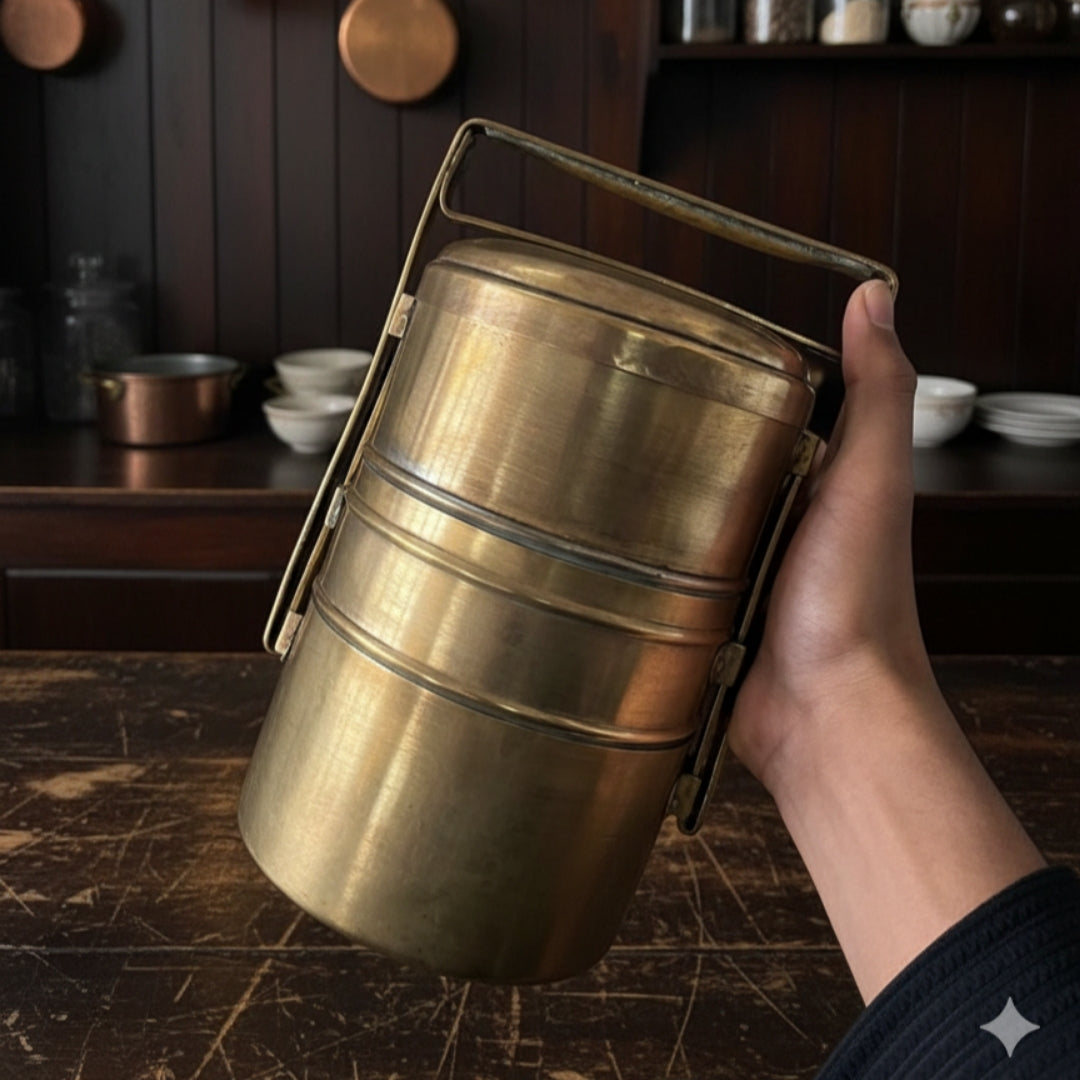 1970 Antique Brass Tiffin | Traditional Multi-Tier Lunch Carrier