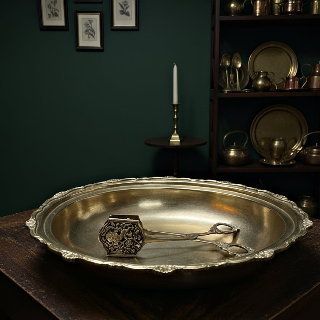 Antique Brass Serving Tray with Tong | Traditional Dining & Decor Set