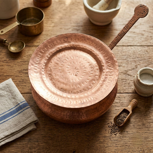 Antique Tamba Kadai with Lid & Ladle | Copper Cooking Vessel Set | Made in 1966 - Bombay Antiques