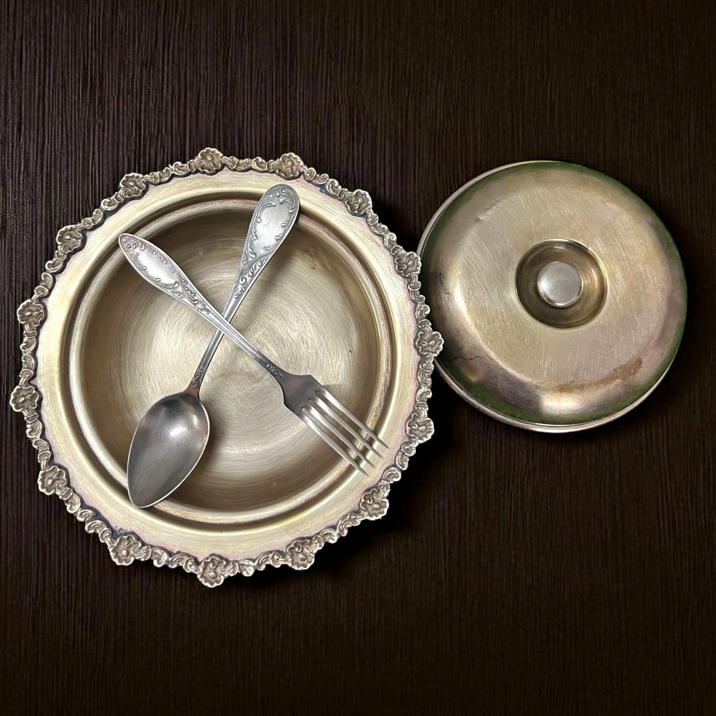 Antique Brass Bowl with Lid & Spoons | Traditional Ornate Dining Ware