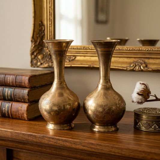 Antique Peetal Bud Vase Pair | Engraved Brass Flower Vases | Made in 1975