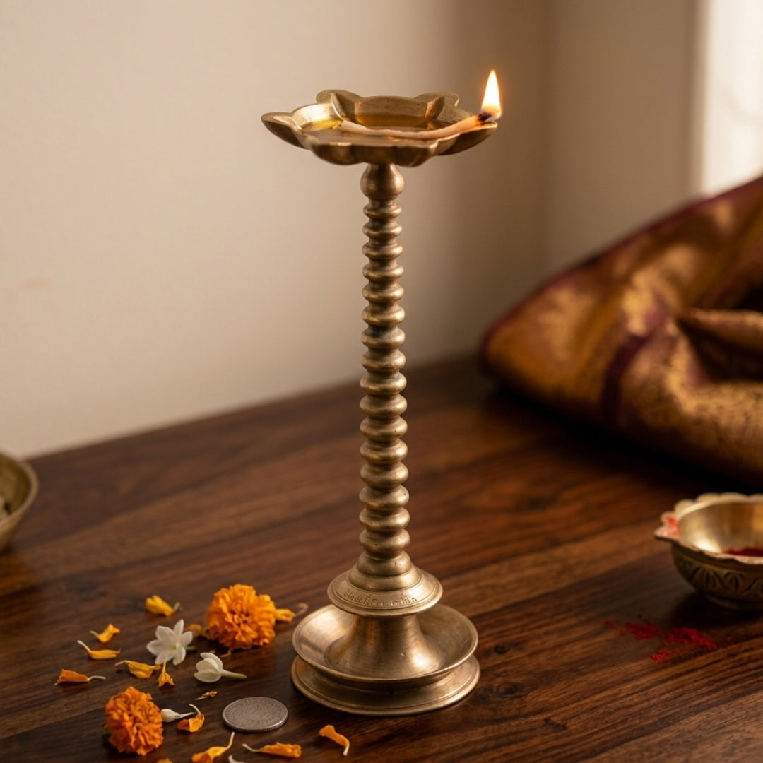 Antique Peetal Tall Standing Oil Lamp | Ribbed Brass Diya Stand | Made in 1983