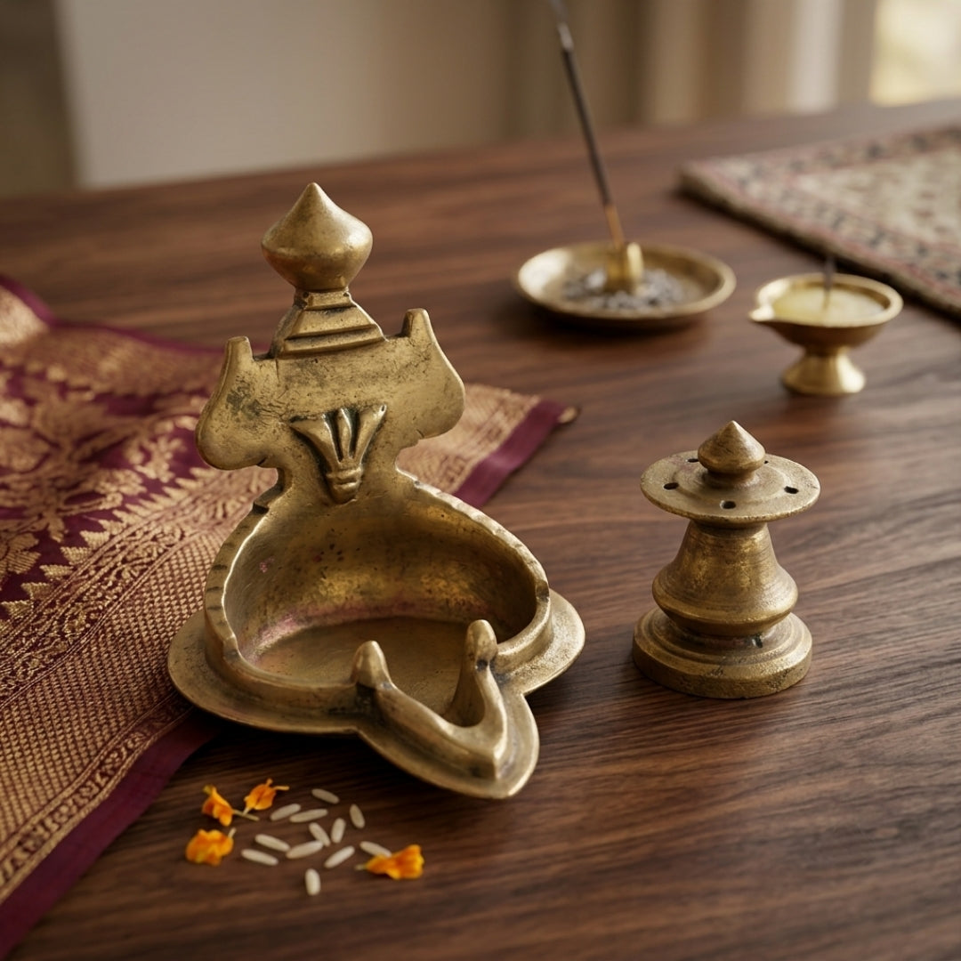 Antique Brass Kumkum Holder & Incense Stand Set | Traditional Pure Brass Pooja Decor | Made in 1980