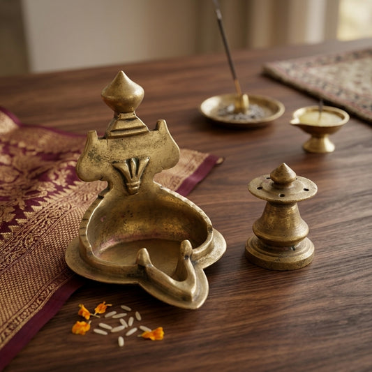 Antique Brass Kumkum Holder & Incense Stand Set | Traditional Pure Brass Pooja Decor | Made in 1980