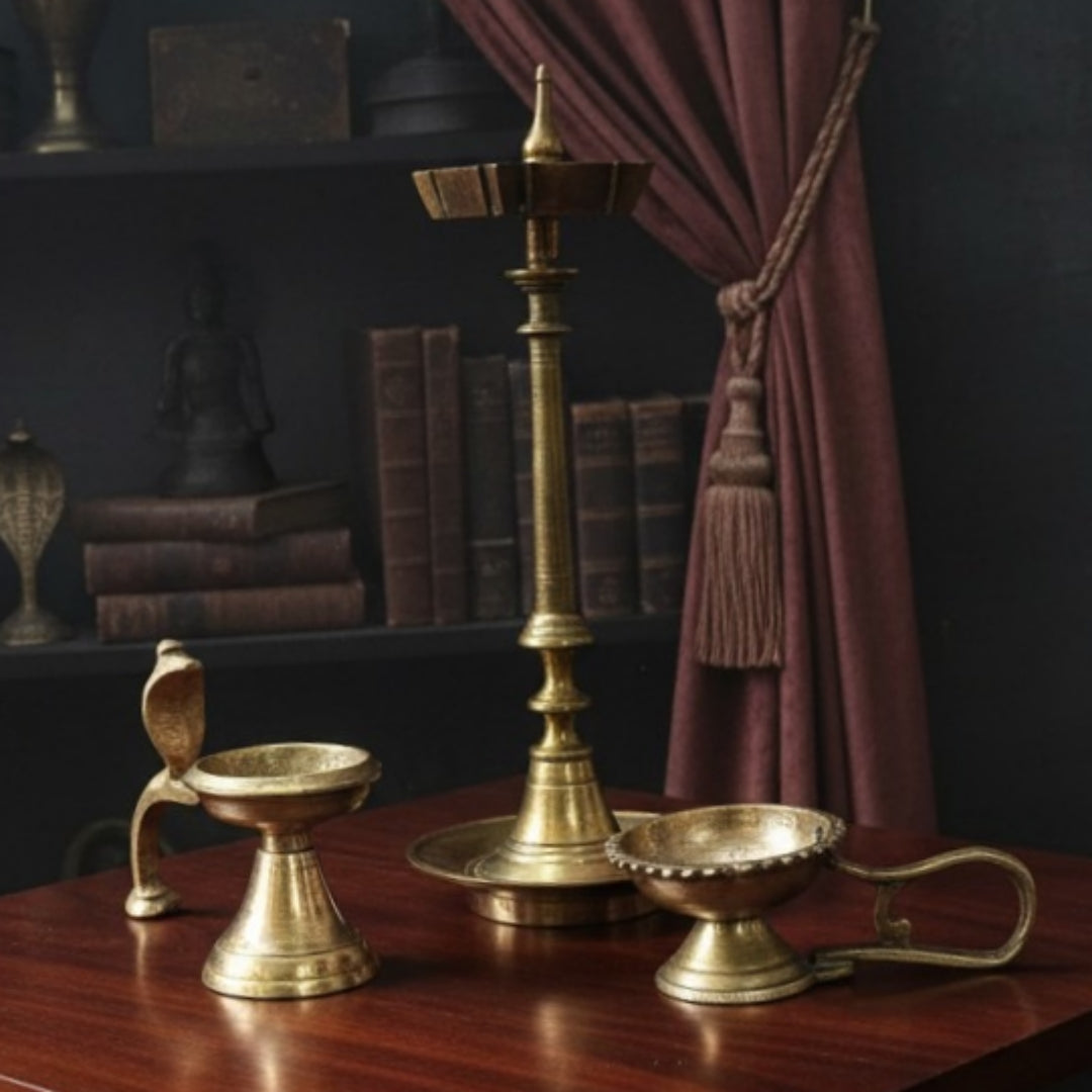 1987 Antique Brass Small Samay & Hand Diya Pair with Samay | Traditional Décor Set of 3