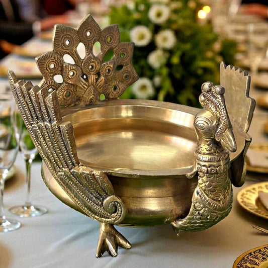 Antique Brass Urli Bowl with Peacock Design | Traditional Decor Piece
