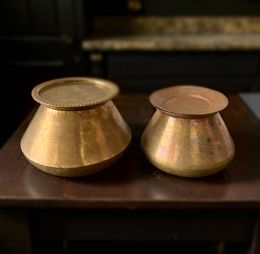 Antique Brass Cooking Bowls with Lid | Pittal Bhagona in Pair | Traditional Cooking Item