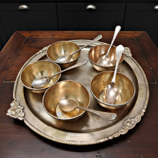 1985 Antique Brass Dessert Set with Ornated Borders | Traditional Serving Collection