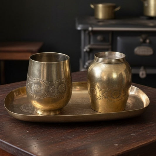 1986 Antique Brass Engraved Refreshment Set | Traditional Table & Décor Collection