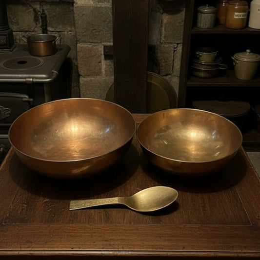 1983 Antique Brass Ghamela Pair with Ladle | Traditional Kitchen & Décor Set
