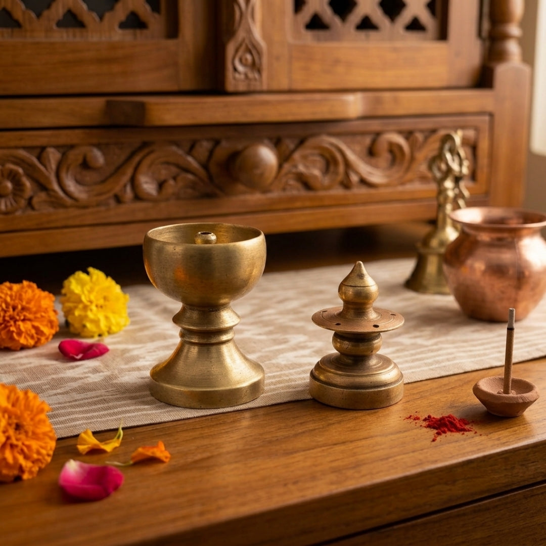 Antique Peetal Oil Lamp & Incense Holder Set | Brass Tabletop Duo | Made in 1979