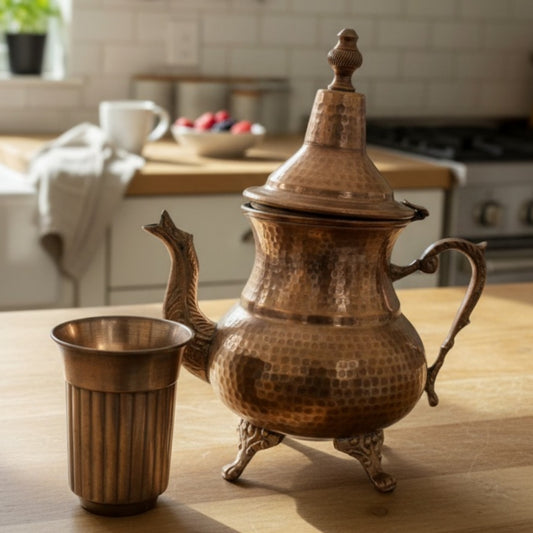1987 Antique Brass Kettle with Matching Glass | Solid Brass Beverage Set