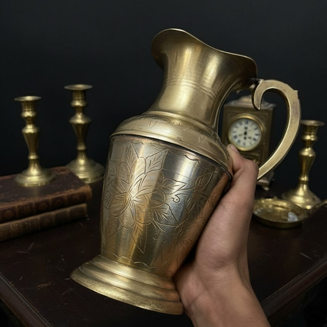 1970 Antique Brass Jug with 2 Handmade Glasses | Traditional Serveware & Heritage Dining Set