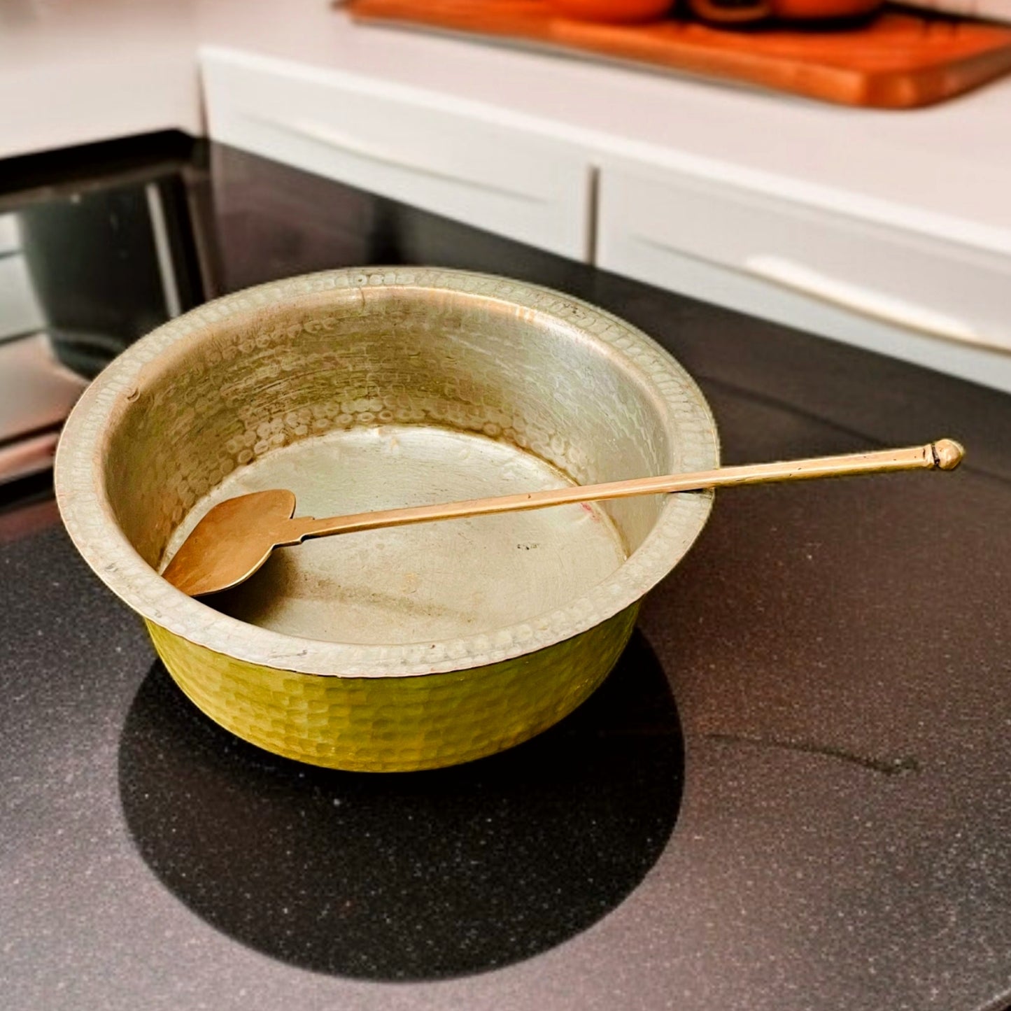 Antique Brass Langadi with Spatula | Traditional Pital Lagan Set Thick Gauged | Cultural Utility Decor