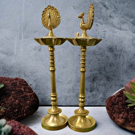 Antique Brass Samay with Lid in Pair | Traditional Peacock Deepam Design | Classic Indian Lamp