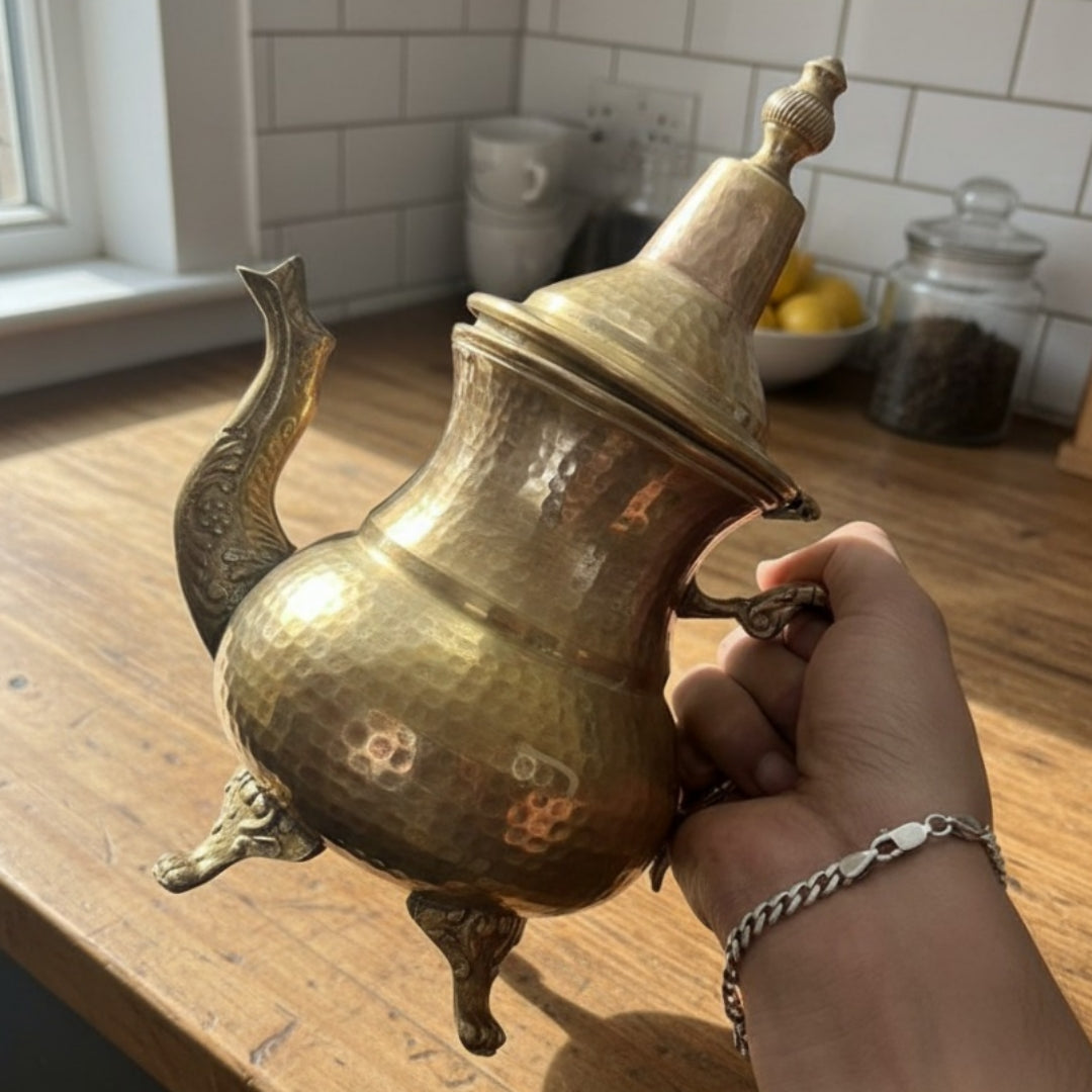 1987 Antique Brass Kettle with Matching Glass | Solid Brass Beverage Set