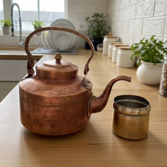 1989 Antique Copper Kettle with Brass Glass | Solid Metal Beverage Set