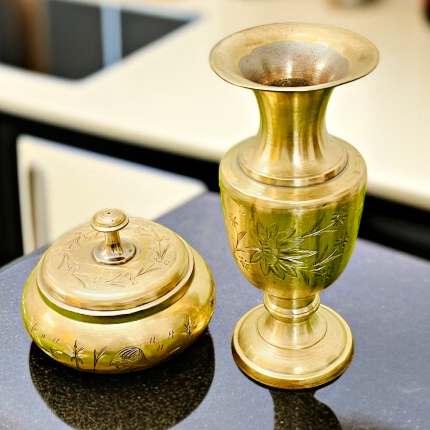 Antique Brass Flower Vase with Small Dibbi | Dual Set | Traditional Décor Collectible