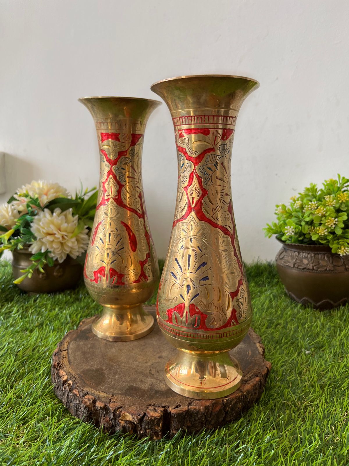 Brass Engraved Vase Pair -Antique Brass Phooladaan