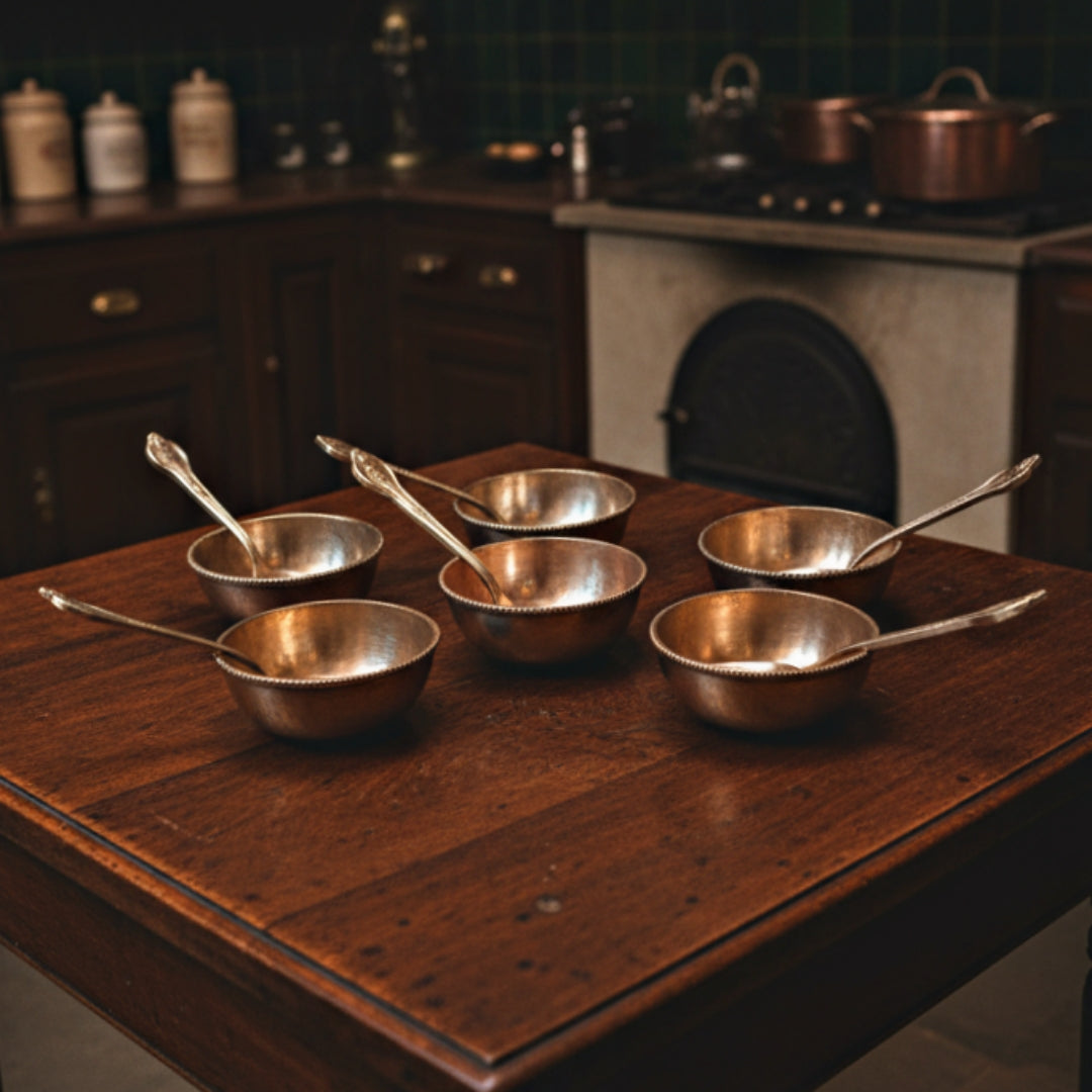 1995 Antique Brass Dessert Bowls with Ornated Borders | Traditional Serving Set