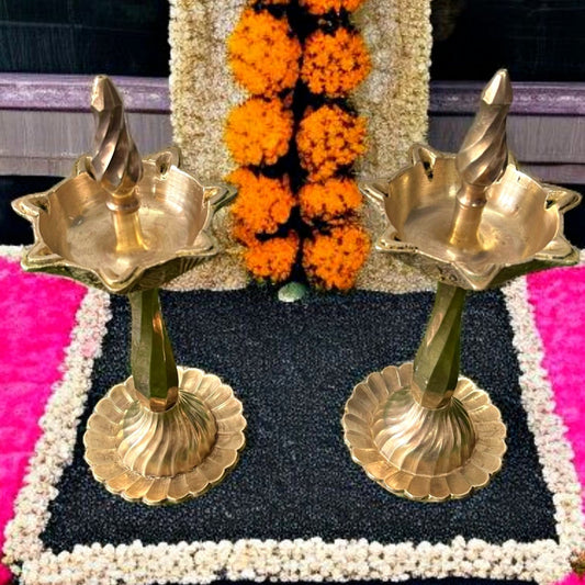 Antique Brass Samay Pair | Traditional Broad-Base Oil Lamps