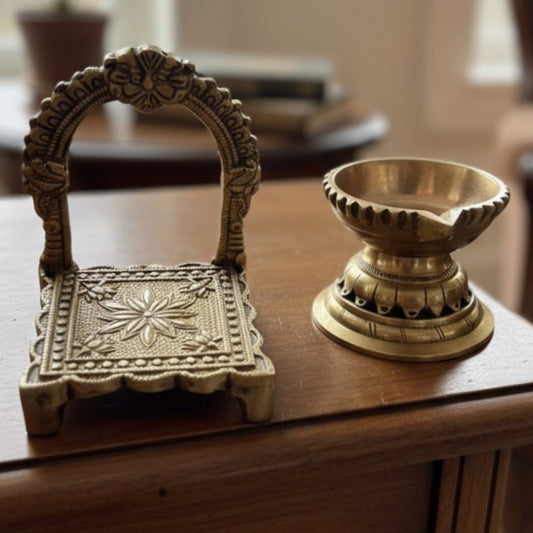 1977 Antique Brass Small Diya and Singasan | Compact Brass Decor Accents