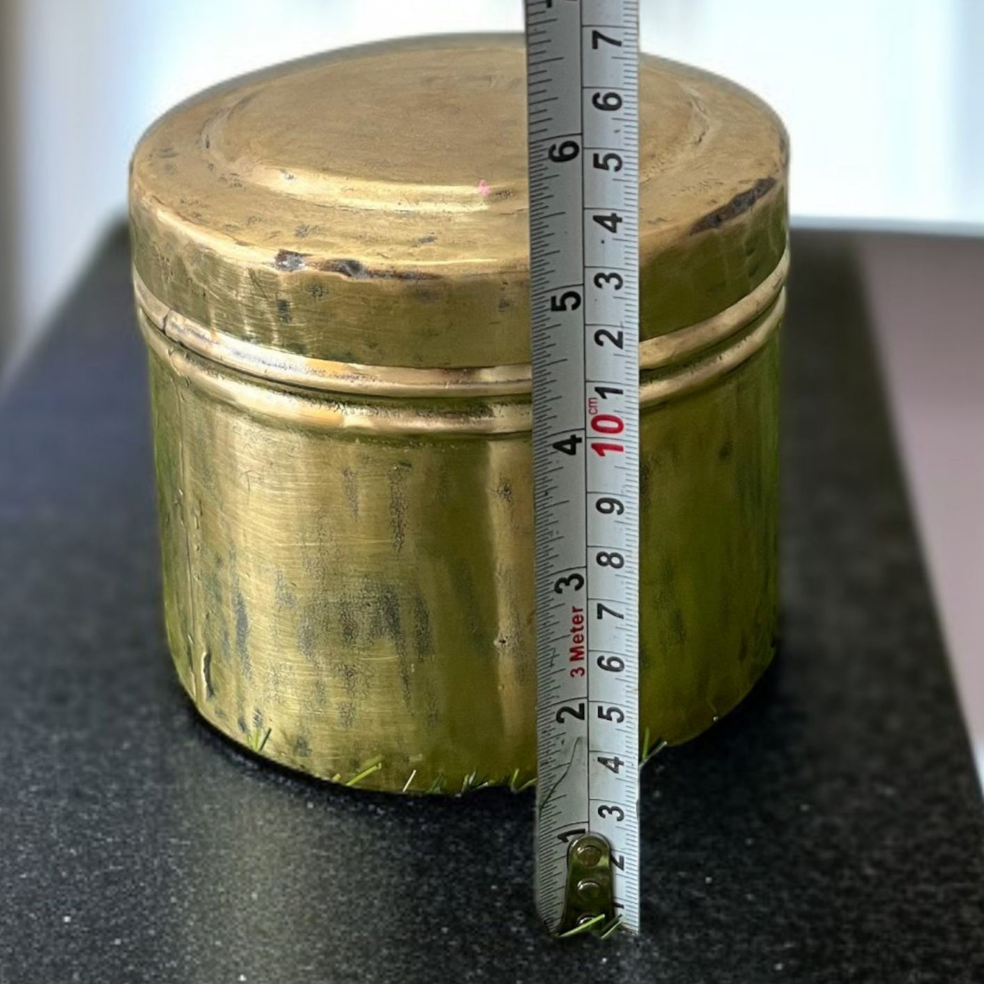Antique Brass Handmade Storage Box | Pital Traditional Round Dabba with Lid