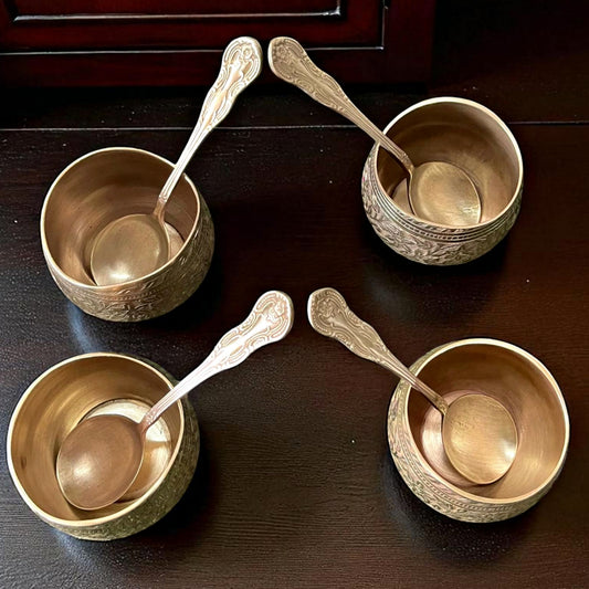Antique Brass Engraved Bowls with Spoons from AI | Pital Traditional Serving Set ki