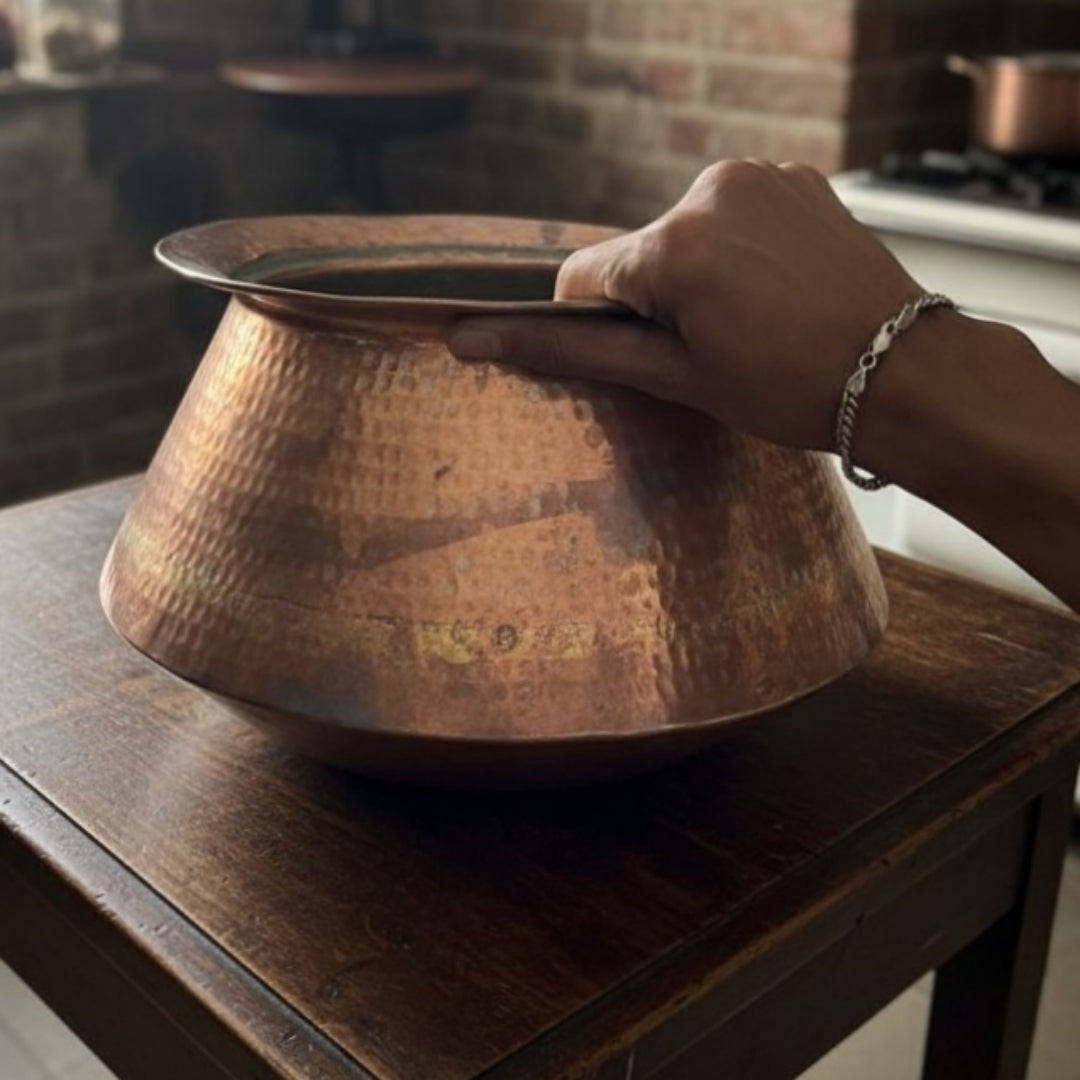 1982 Antique Copper Deg with Brass Lid and Ladle | Traditional Kitchen & Cooking Utensil