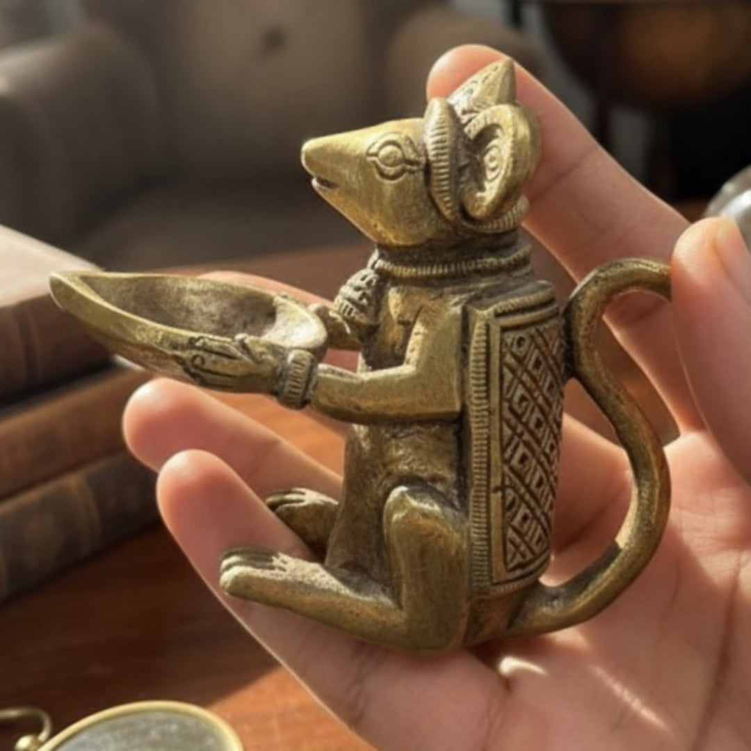 1980 Antique Brass Turtle and Mouse Diya Set of 4 | Small Brass Decor Accents