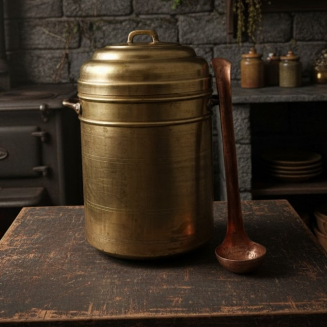 1981 Antique Brass Big-Size Steamer with Copper Ladle | Traditional Kitchen & Cooking Vessel