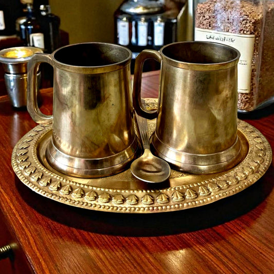 Antique Brass Mugs and Spoon Set with Tray | Traditional Serveware Collection