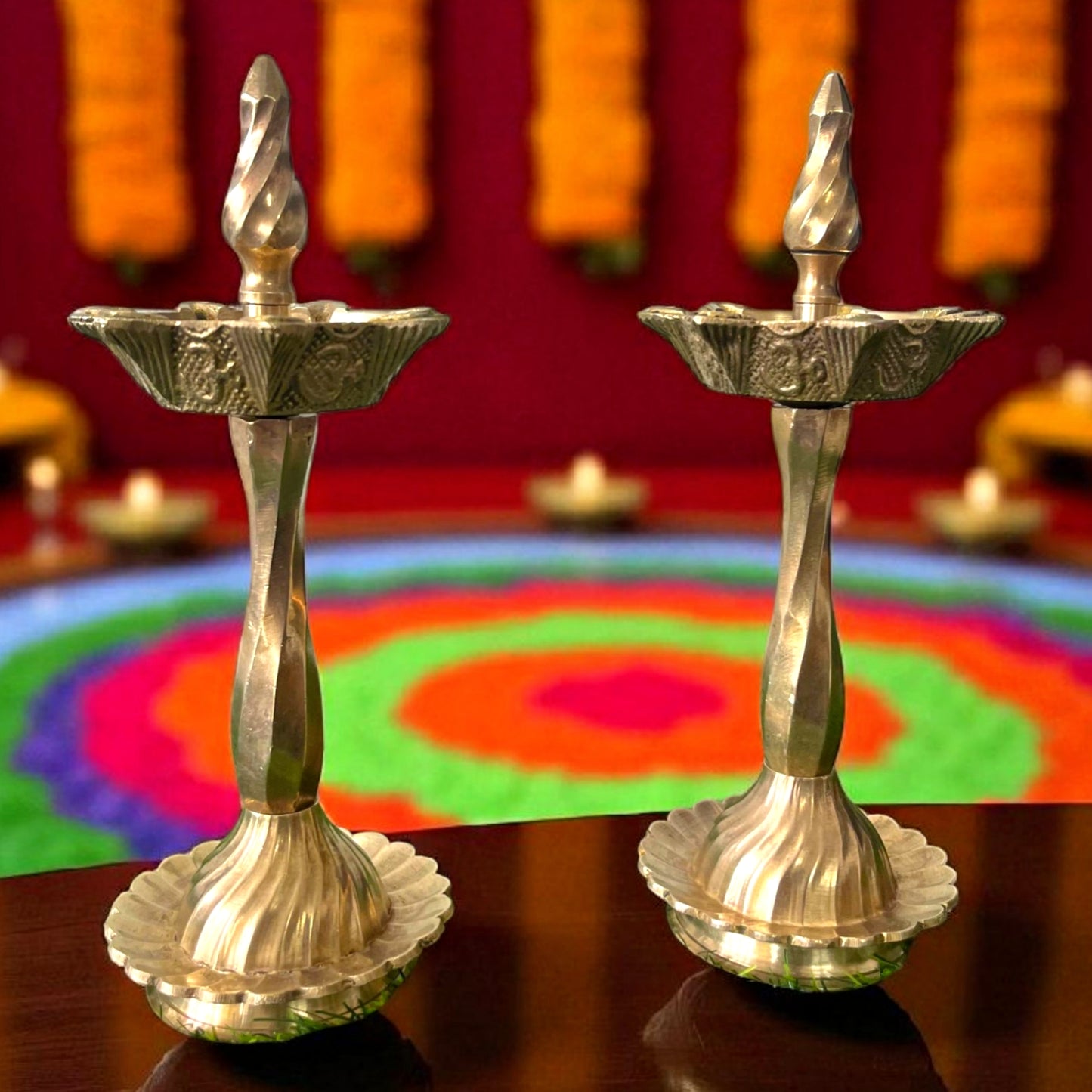 Antique Brass Samay Pair | Traditional Broad-Base Oil Lamps