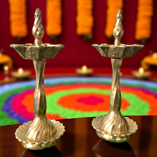 Antique Brass Samay Pair | Traditional Broad-Base Oil Lamps