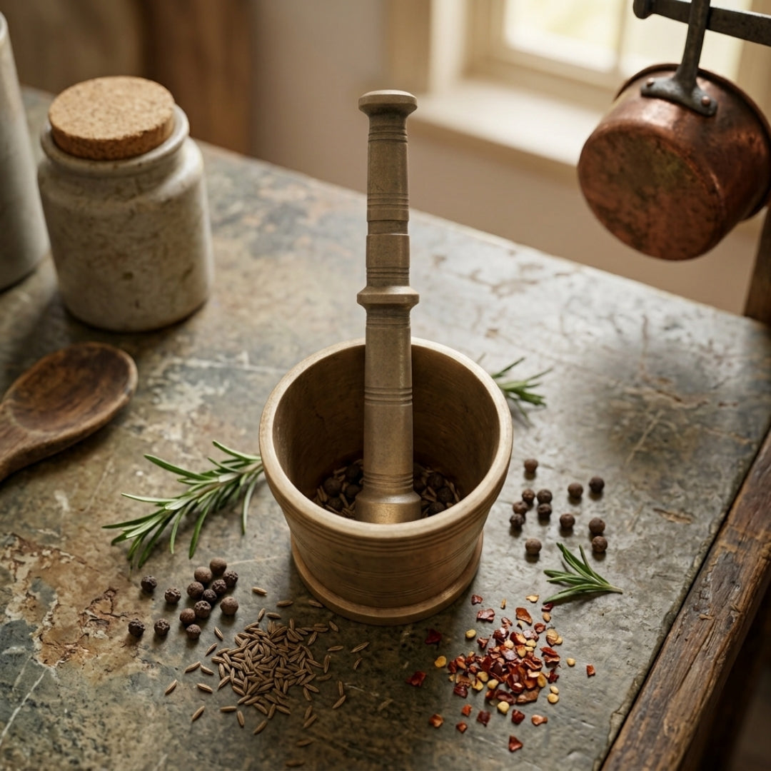 Vintage 1985 Brass Mortar & Pestle Set | Pure Brass Khalbatta