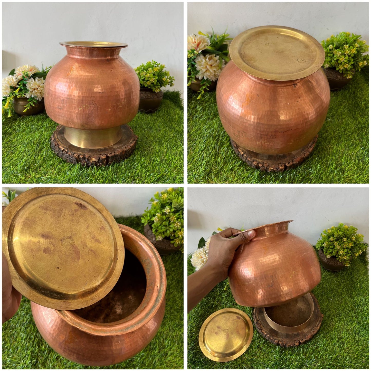 Antique Copper pot with Brass Lid & Stand