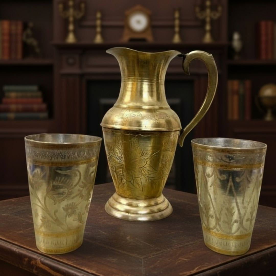 1970 Antique Brass Jug with 2 Handmade Glasses | Traditional Serveware & Heritage Dining Set