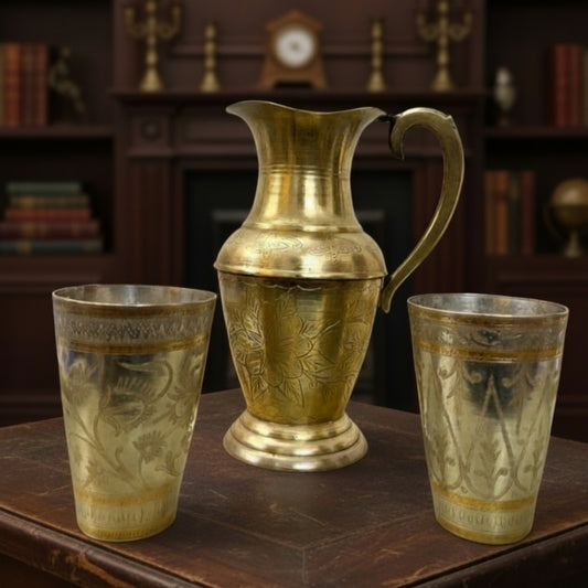 1970 Antique Brass Jug with 2 Handmade Glasses | Traditional Serveware & Heritage Dining Set