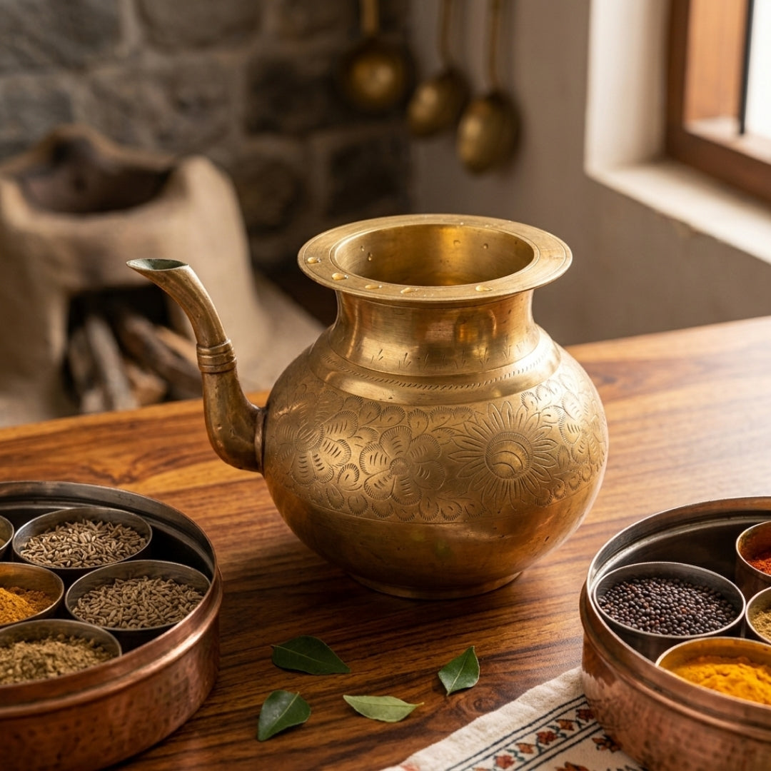 Antique Peetal Water Pot with Spout | Engraved Brass Kamandal Pitcher | Made in 1978
