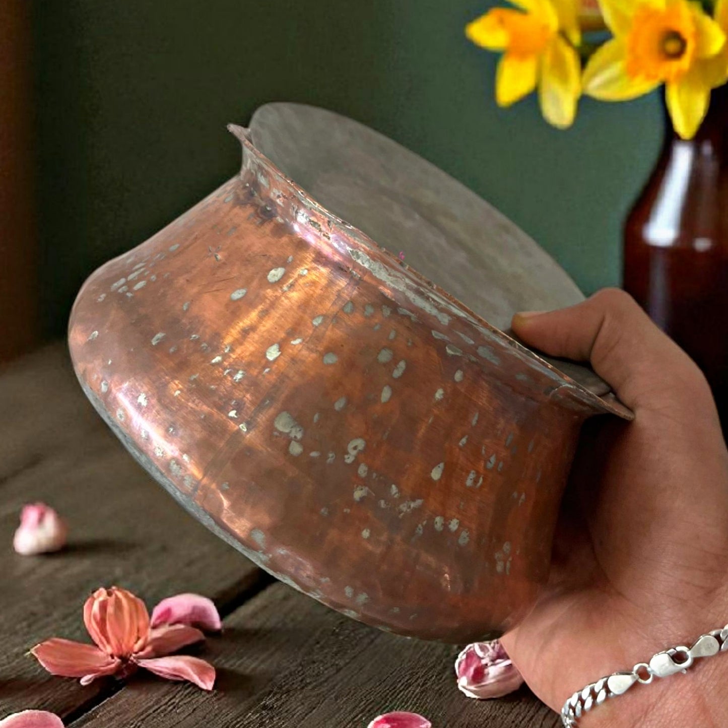 Antique Copper Cooking Bowl in Pair with Lid | Traditional Kitchenware