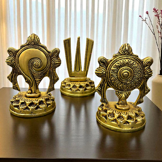 Antique Brass Shankh Chakra Tilak Set| Pital Traditional Decor Set