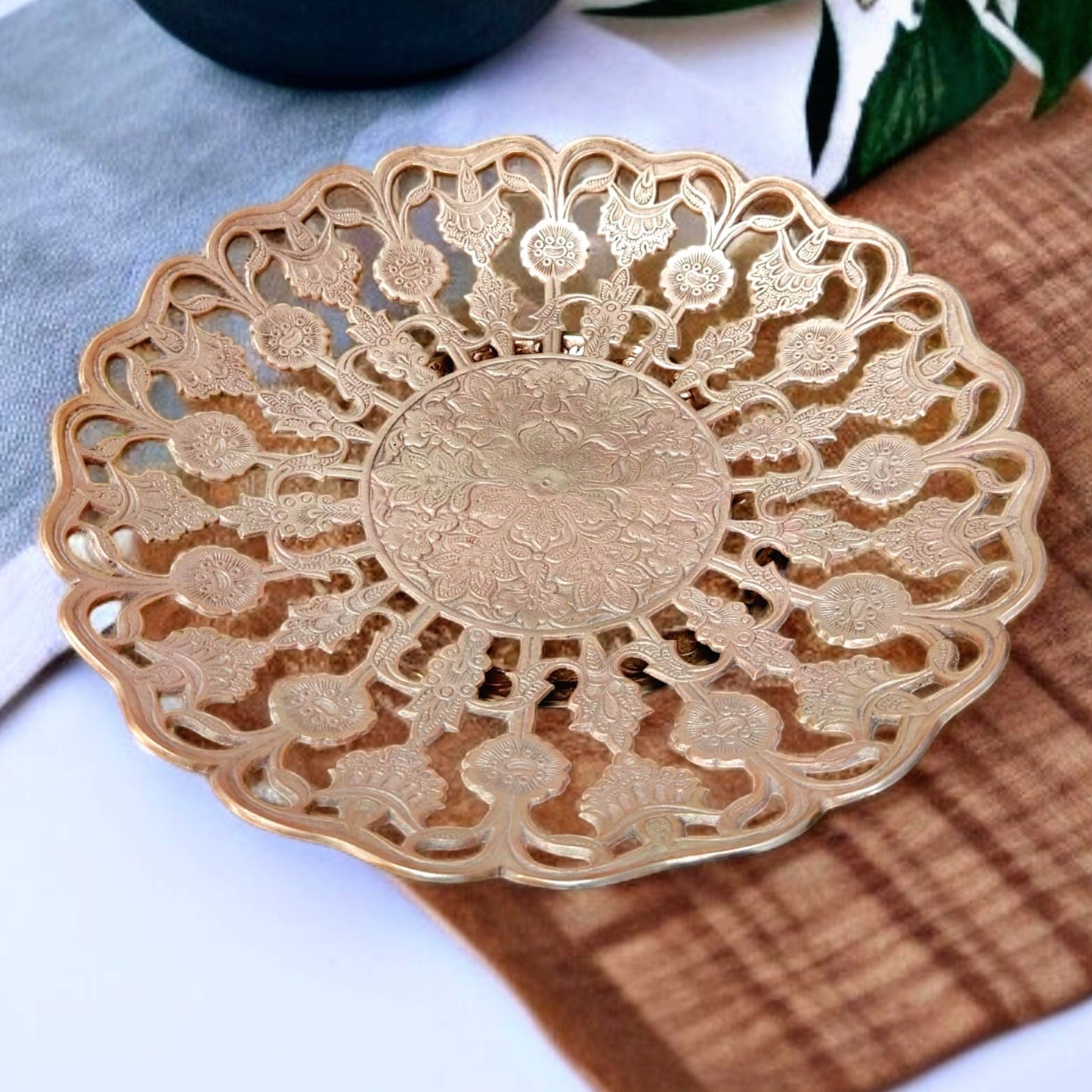 Antique Brass Fruit Serving Bowl with Stand | Ornate Utility Décor | Tableware