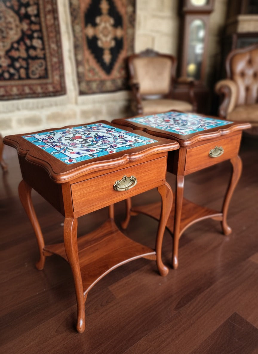 1993 Vintage Teakwood Side Tables with Floral Tile | Traditional Wooden Furniture