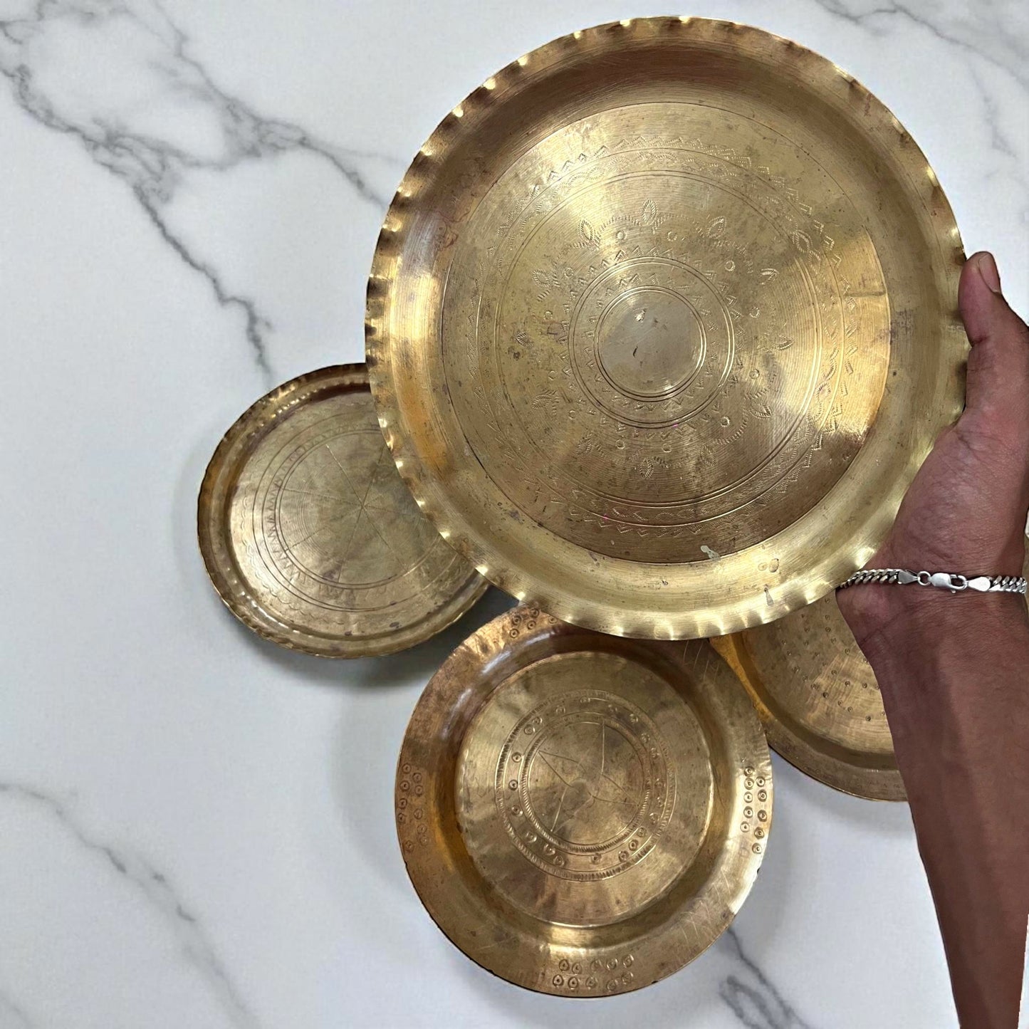 Antique Brass Engraved Plates Set of 4 | Pital Traditional Tableware
