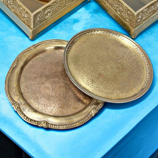 Antique Brass Plate Pair | Traditional Pital Thali with Ornated Border