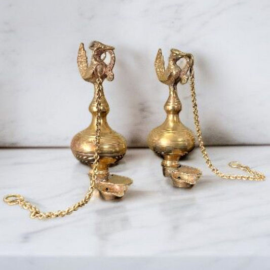 Antique Brass Lamandiva in Pair | Pital Traditional Wall Hanging Diya Set