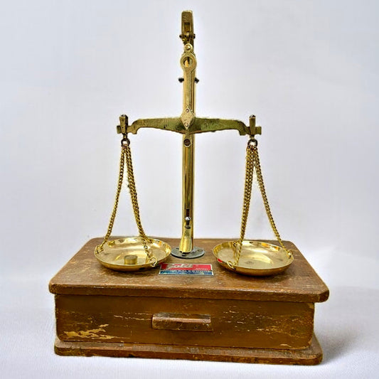 Antique Brass Weighing Scale with Wooden Base | Collector's Piece | Traditional Utility